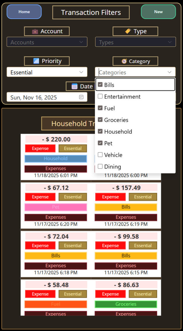 CortexForge Apex | Treasury Vault Transaction Filters Panel CortexForge Apex | Treasury Vault transaction filtering interface showing category controls, date logic, and precision expense segmentation.