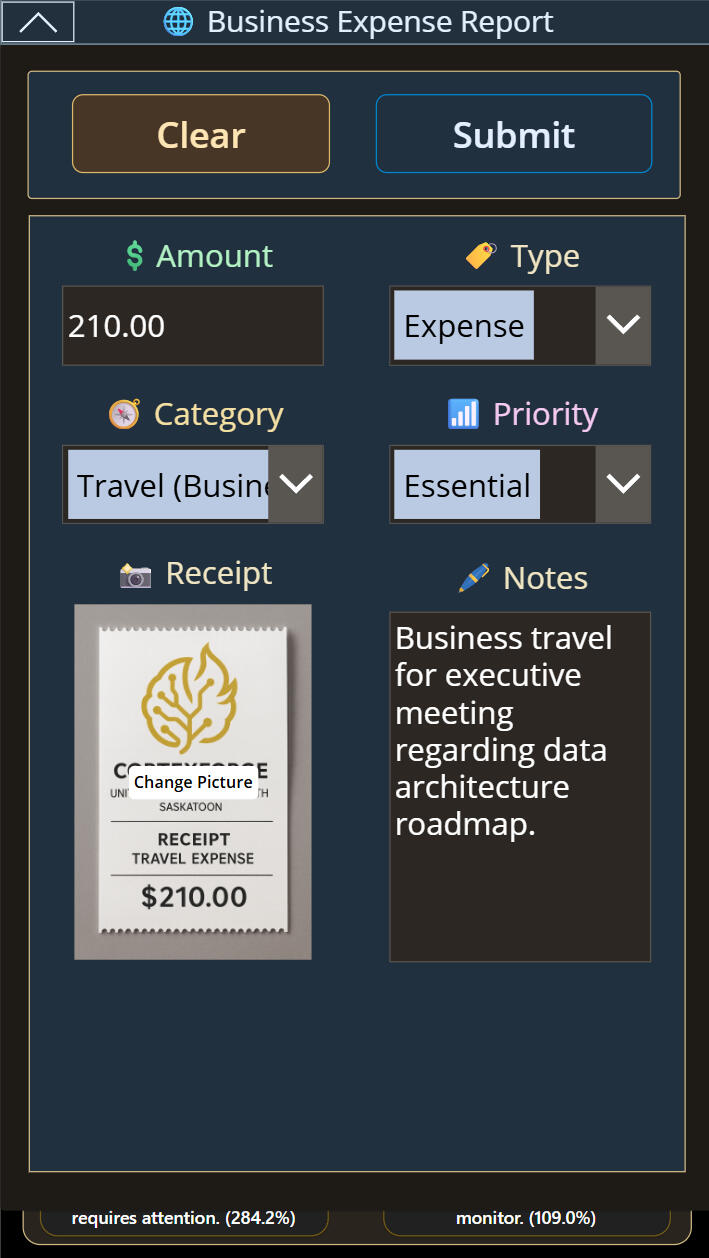 CortexForge Apex | Treasury Vault expense-entry module capturing transaction type, priority, receipt imaging, and executive-grade financial notes.