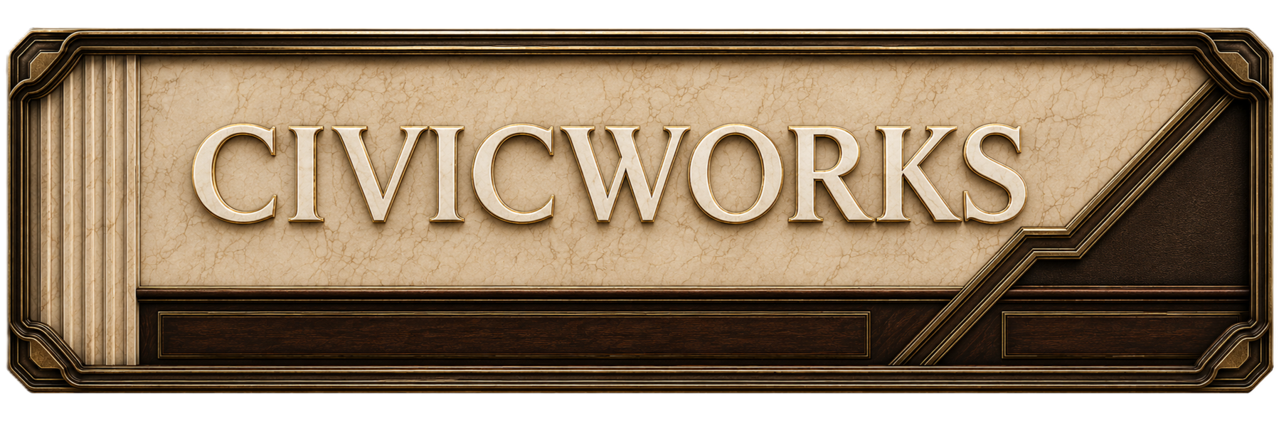 CortexForge Apex | CivicWorks header framed in warm stone, dark timber, leather, and restrained gold architectural detailing.