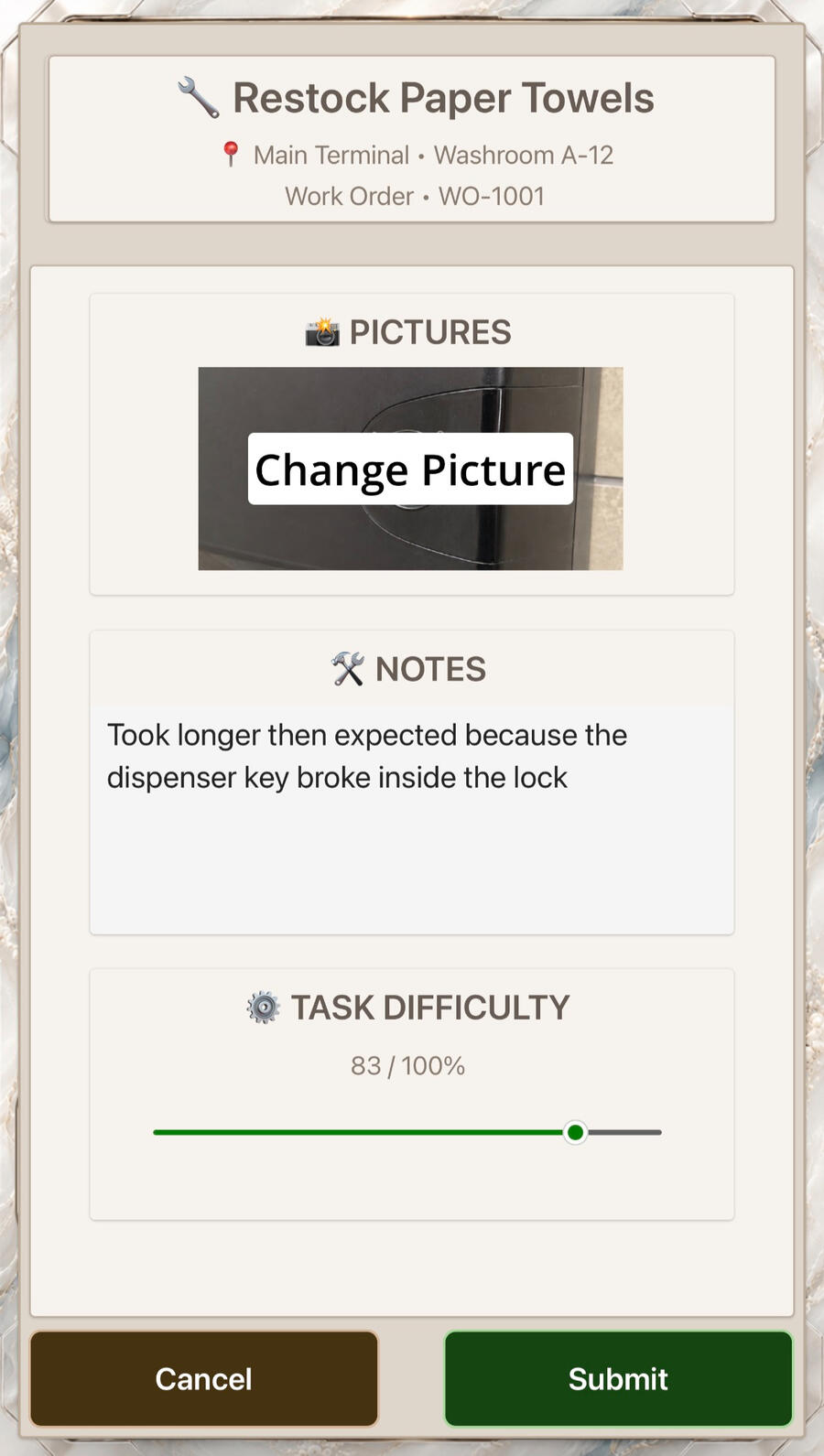 CortexForge Apex | CivicWorks completion record capturing work-order photo evidence, field notes, and task difficulty for a completed municipal service task.