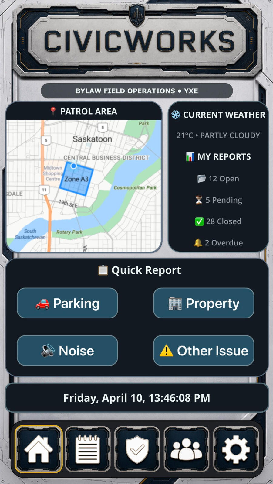 CortexForge Apex | CivicWorks Bylaw Field Operations CortexForge Apex | CivicWorks bylaw field operations dashboard showing patrol geography, current weather, report workload, and rapid issue reporting.