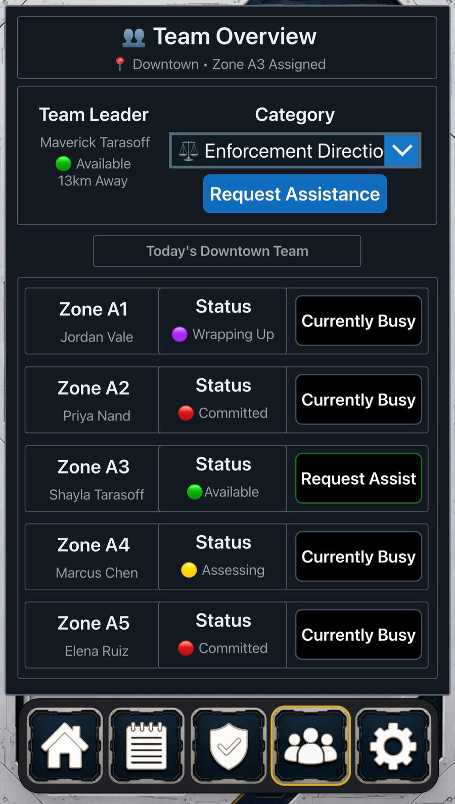 CortexForge Apex | CivicWorks Bylaw Team Awareness CortexForge Apex | CivicWorks bylaw team awareness coordination dashboard showing team leader availability, assigned patrol zones, officer status, and assistance requests.