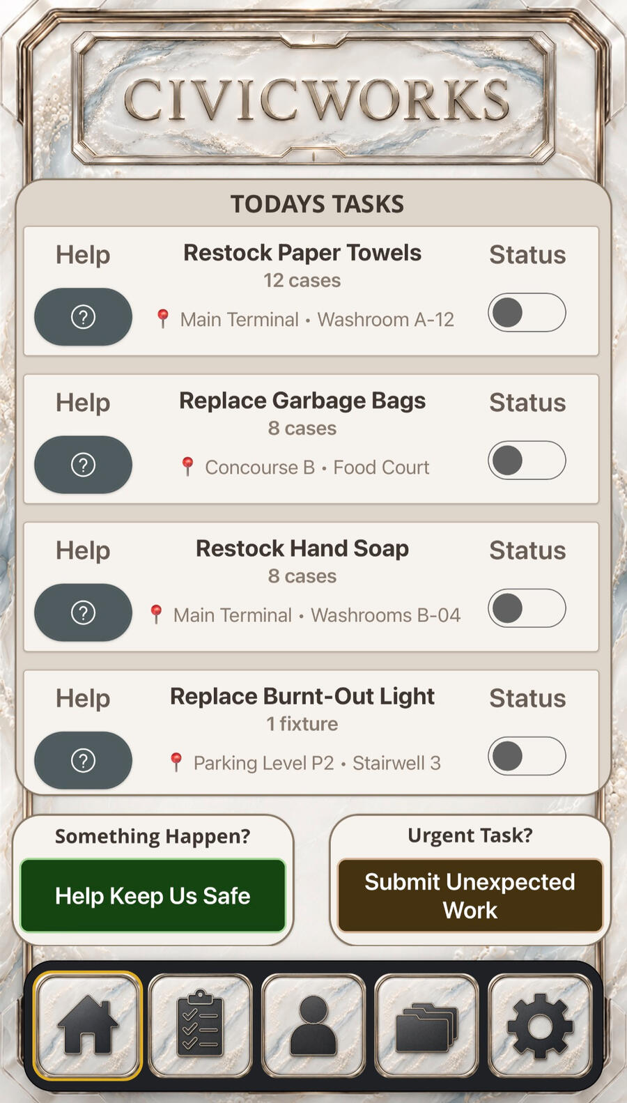 CortexForge Apex | CivicWorks facilities dashboard showing assigned municipal tasks, work locations, status controls, safety reporting, and unexpected work submission.