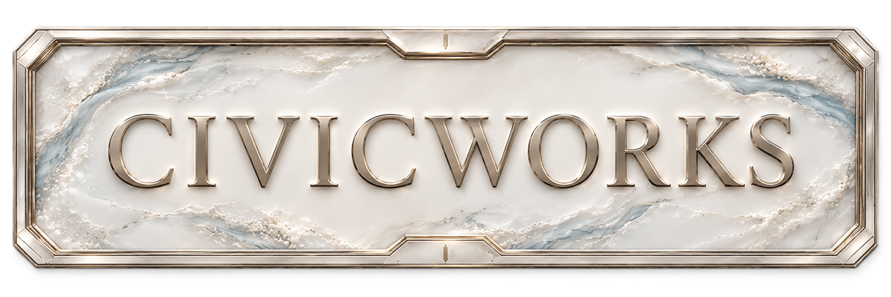 CortexForge Apex | CivicWorks | Civic Porcellus Header CortexForge Apex | CivicWorks header framed in luminous porcelain, pale blue veining, pearl relief, and polished metallic trim.