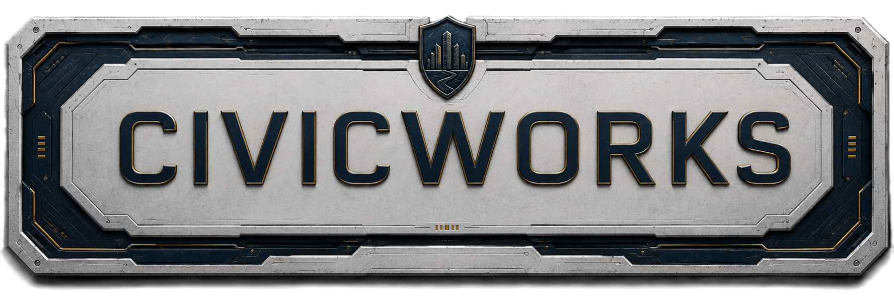 CortexForge Apex | CivicWorks | Civic Armature Header CortexForge Apex | CivicWorks header framed in machined light alloy, structural navy, restrained brass accents, and municipal crestwork.